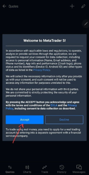 با قبول گزینه Accept با شرایط و قوانین معامله در متاتریدر موافقت کنید