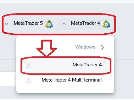 انتخاب گزینه MetaTrader 4 و یا Metatrader 5 برای دانلود در بروکر 
