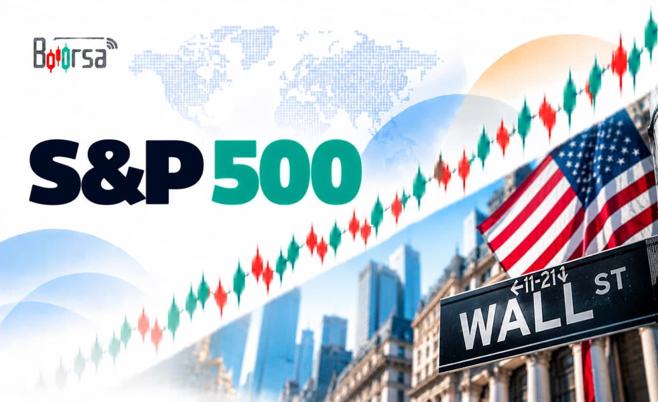 نمایی از بازار سهام آمریکا با نمودار شاخص S&P 500 و نمادهای شرکت‌های بزرگ فناوری در پس‌زمینه.